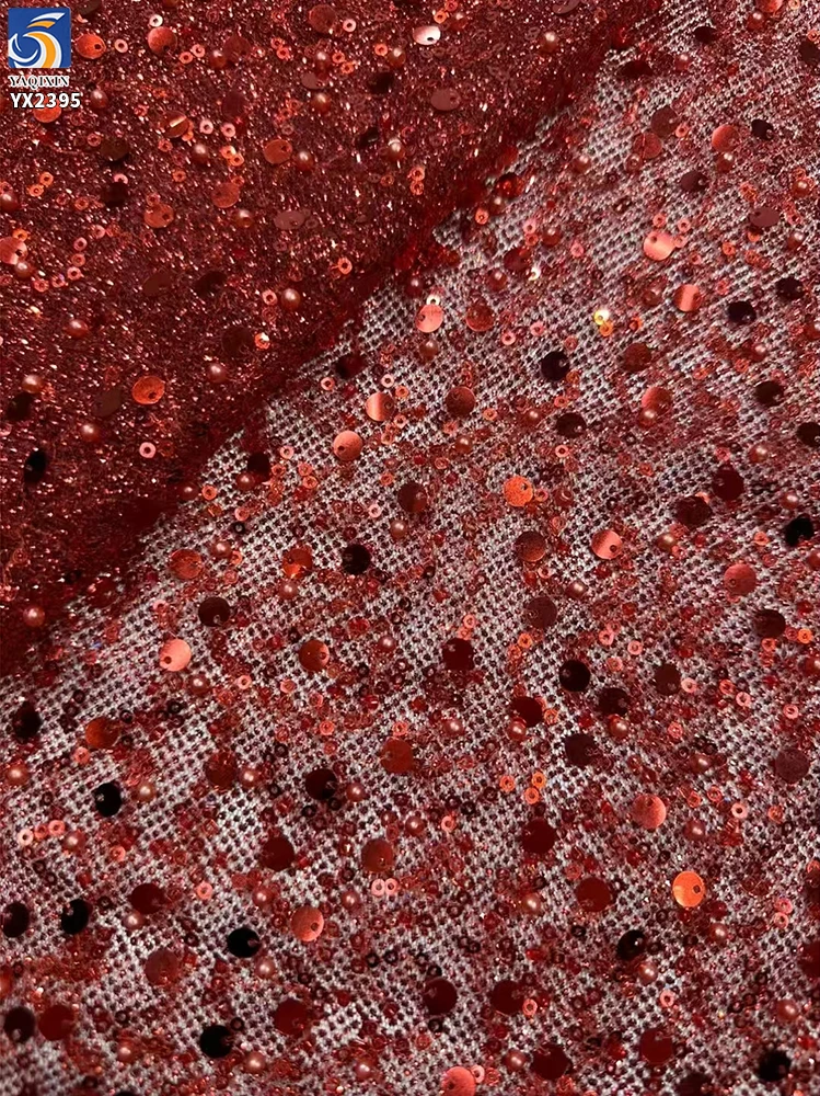 Royal Blue Sparke Glitter Sequins Lace Fabric Mesh Embroidery Beaded Pearl Lace Fabric for Wedding Gown - 图片 4