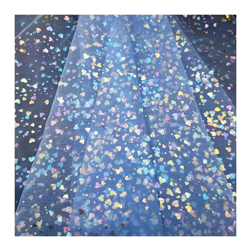 KT13 100% Polyester Solid Blue Tulle Fabric with Heart Color Foil Print Tulle Mesh Fabric for Clothing - 图片 6