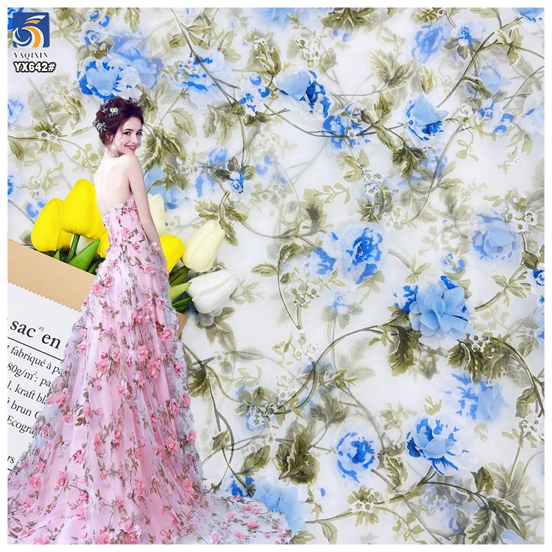 YX642 New Fashion Customized 3D Organza Fabric Flowers Embroidered Organza Fabric for Women's Long Skirt
