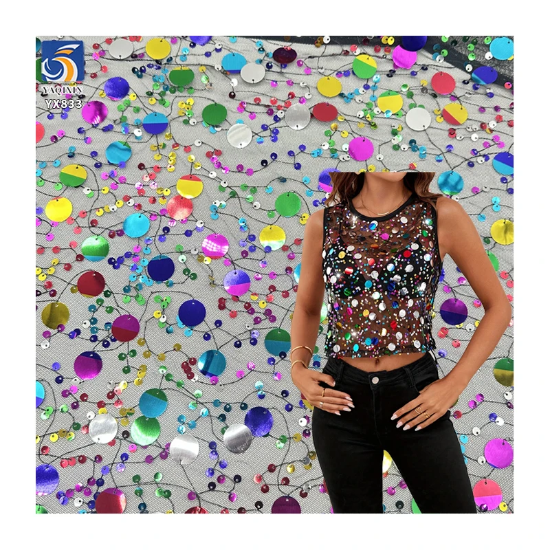 YX833 Hot 18mm and 5mm Colorful Shiny Sequin Embroidery Fabric Glittering Round Sequins Fabric for Performance Clothing