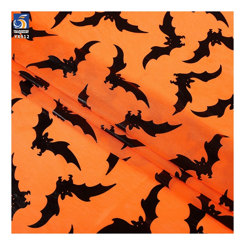 YX912 2026 New Design Black Bats Foil Print Mesh Tulle Orange Halloween Fabric Knitted Printing Halloween Mesh Fabric - 图片 6