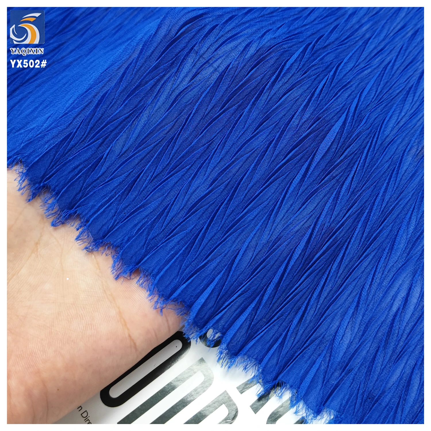 YX502 Sapphire Blue Custom Pleated Fabric 100% Polyester Pleated Chiffon Fabric for Dresses - 图片 4