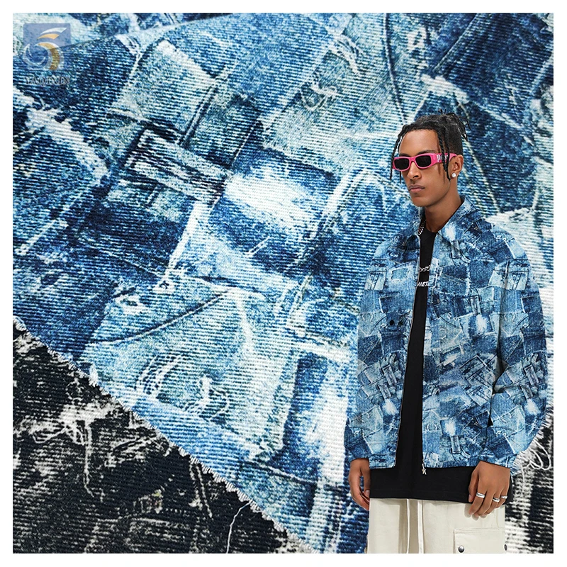 Stock Lot 100 Cotton Dyed Digital Printed Denim Fabric China Designer Distressed Denim Fabric by the Meters