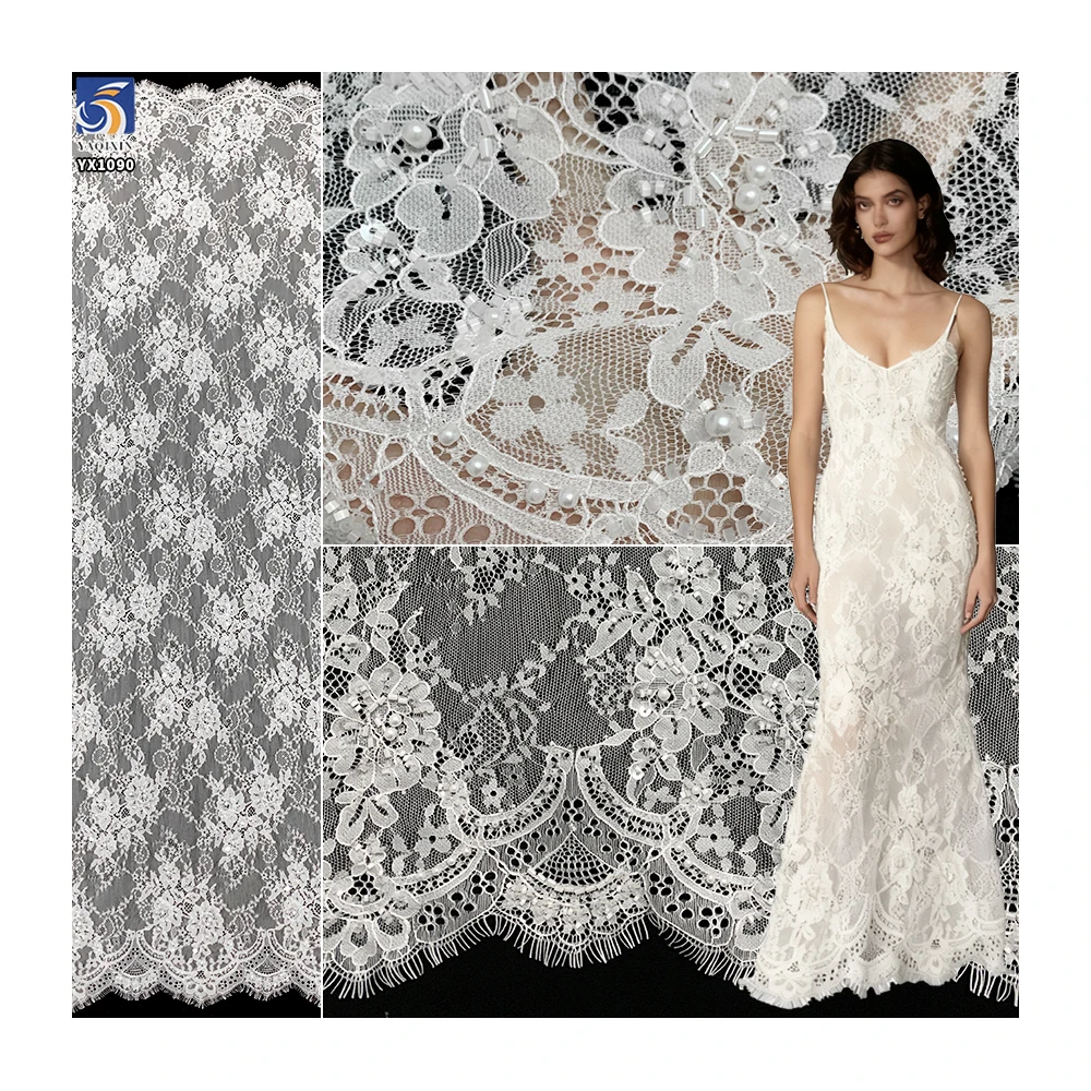 YX1090 New Lace Fabric Bride's 2025 African White Eyelash Lace Fabric With White Pearls 15 Yards Wedding