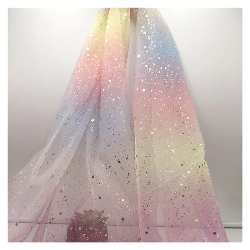 DX152 Rainbow Gradient Polka Dot Digital Foil Printed Glitter Gauze Fabric Party Dress Cloth - 图片 6