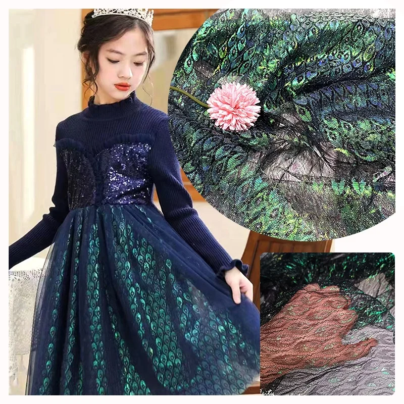 KT42 2026 New Arrival Tulle Colorful Laser Peacock Feathers Print Polyester Mesh Fabric Girls Dress Party - 图片 3