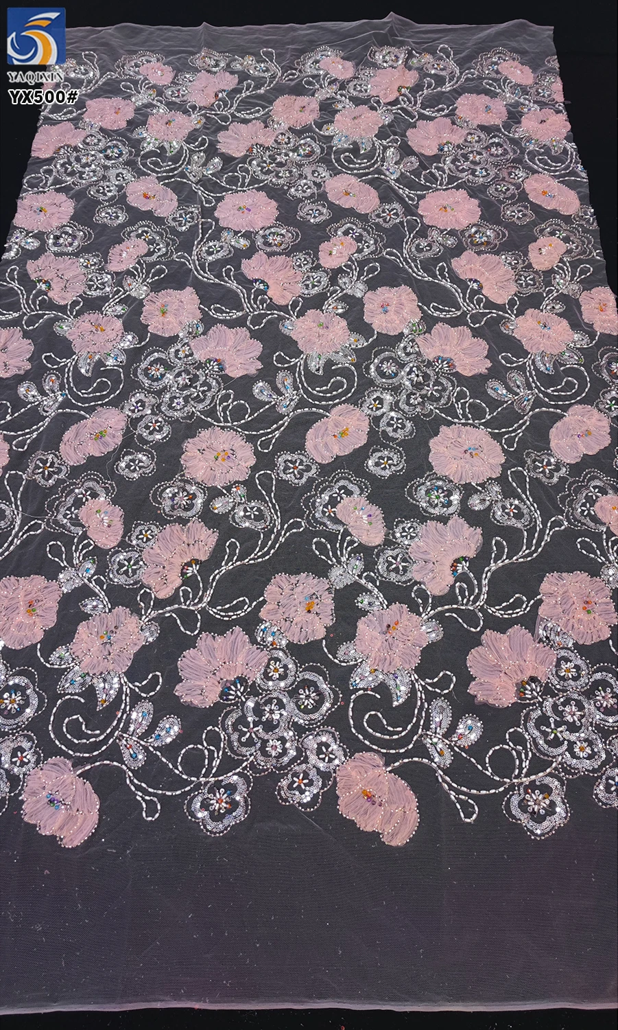 YX500 Latest Colorful Beaded Mesh Fabric 3D Polyester White Tube Beads Embroidery 3D Flower Knitting Mesh Tulle Fabric - 图片 6