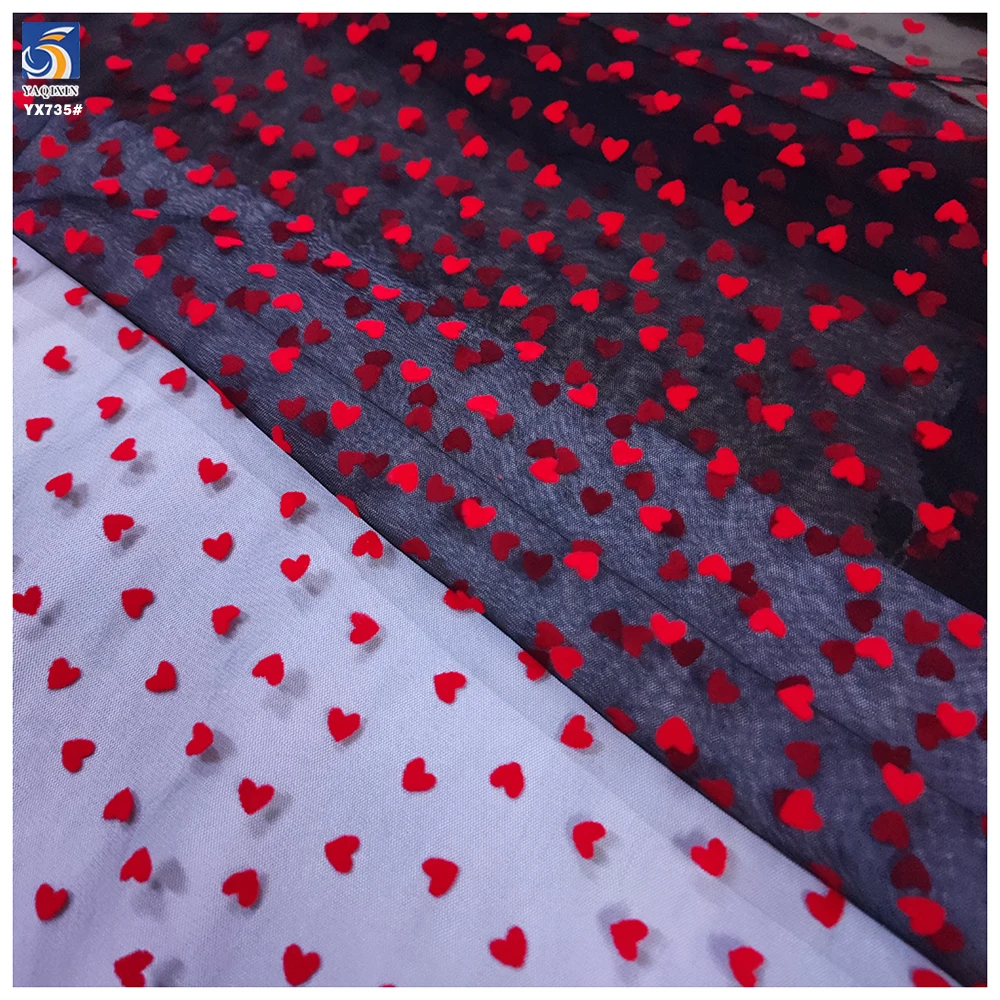 YX735 Sexy Design Polyester Flocked Tulle Fabric With Heart Breathable Knitted Mesh Net Fabric for Girls' Skirts and Bags - 图片 3