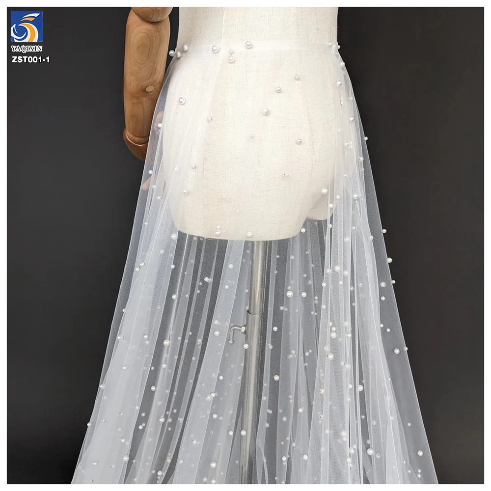 Wholesale White 3D Beaded Pearl Tulle Fabric for Wedding Dress/Veil - 图片 5