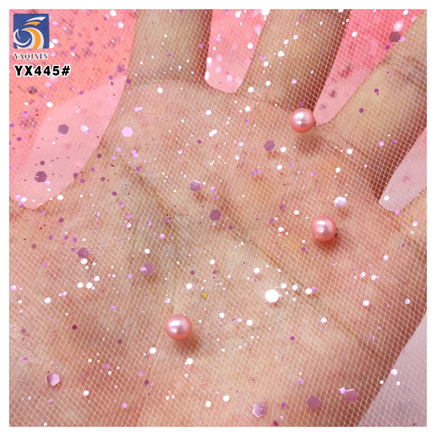 YX445 American Custom Polyester Mesh Fabric Hard Tulle With 3D Pearls and Sequins for Headdress Dress Fabric - 图片 5