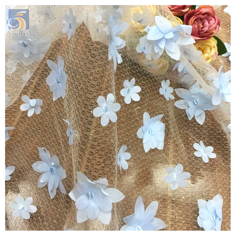 White 3D Small Flowers Embroidery Mesh Wedding Lace Fabric Lolita Clothing Sparkle Glitter Net Tulle Fabric - 图片 3