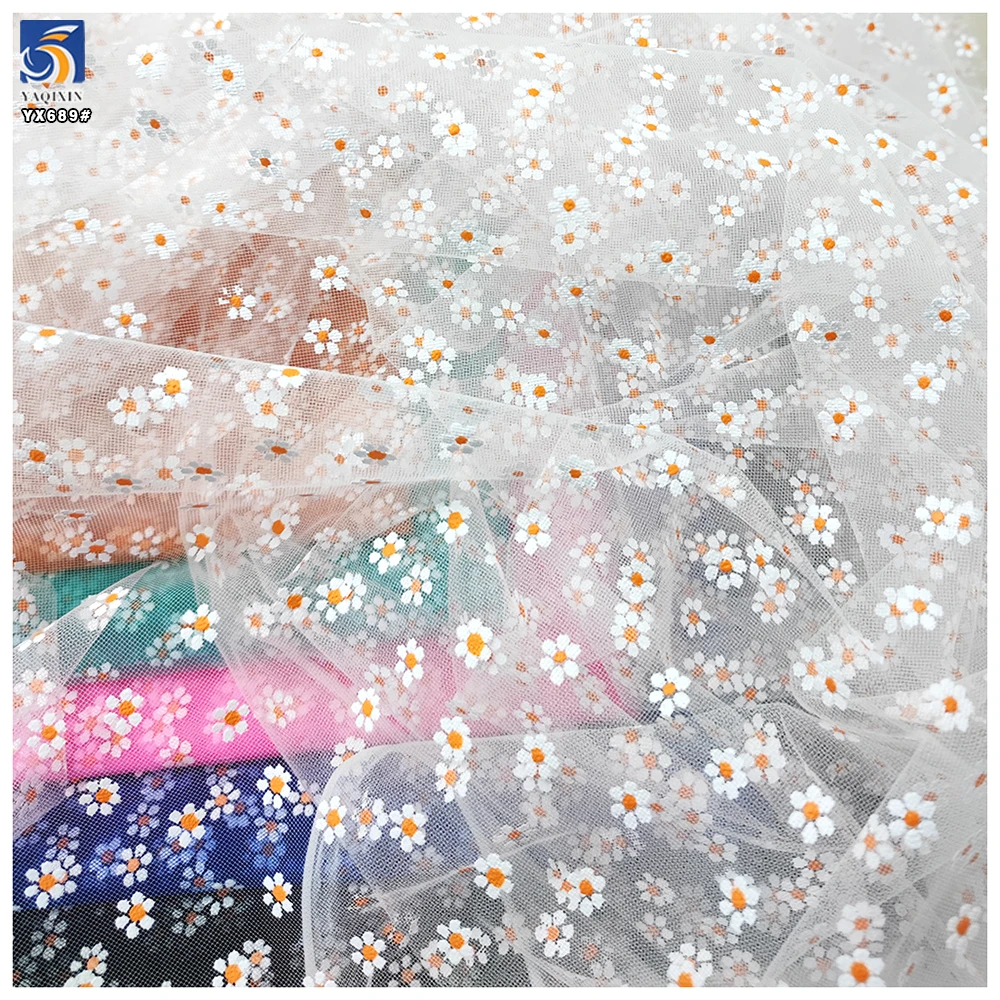 YX689 New Arrival Nylon Printed Tulle Fabric 100% Nylon Soft Daisy Pattern Design Floral Print Mesh Tulle Fabric - 图片 5