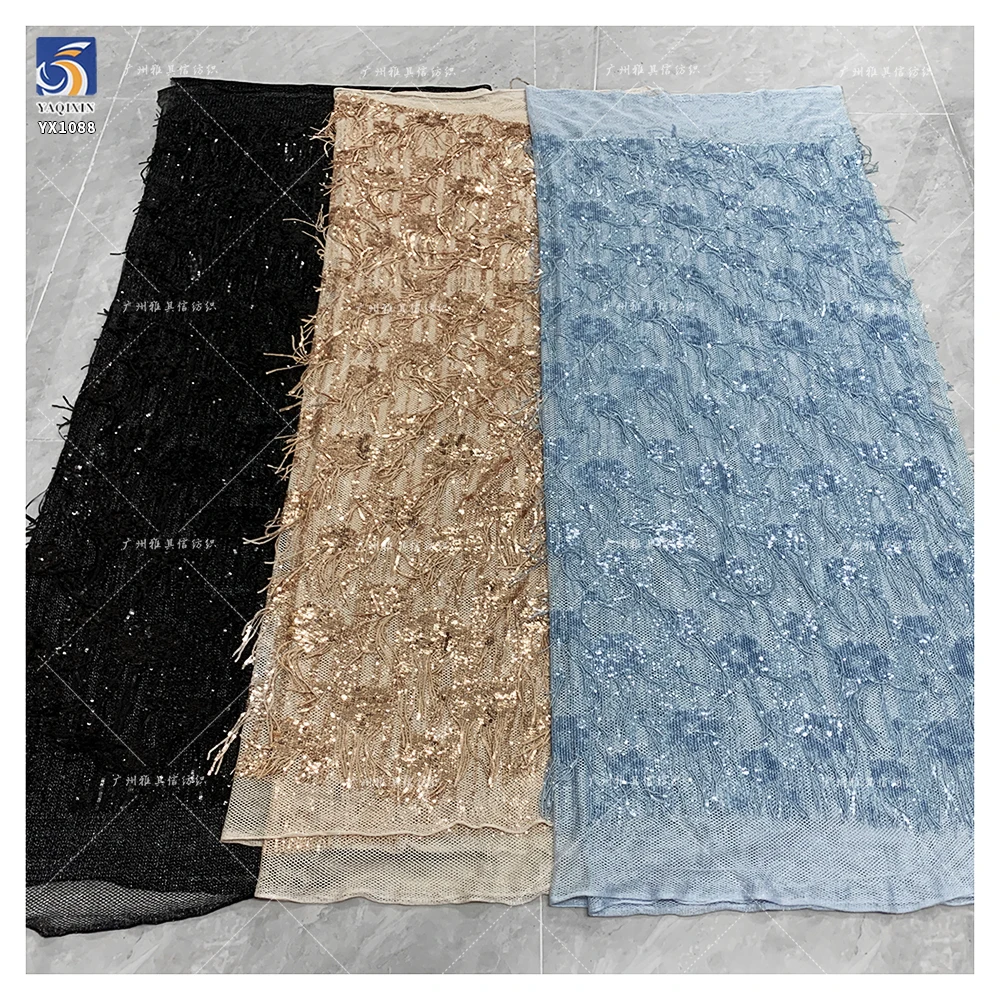 YX1088 300gsm Heavyweight Dress Tassel Sequin Net Fabric New European Knitted Poly Summer Skirt Tulle Sequin Fringe Fabrics - 图片 5