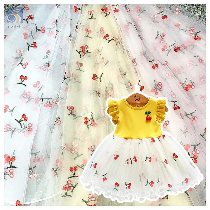 Cheap Competitive Wholesale Price Embroidery Lace Fabric Red Cherry Embroidery Tulle Mesh Fabric for Children