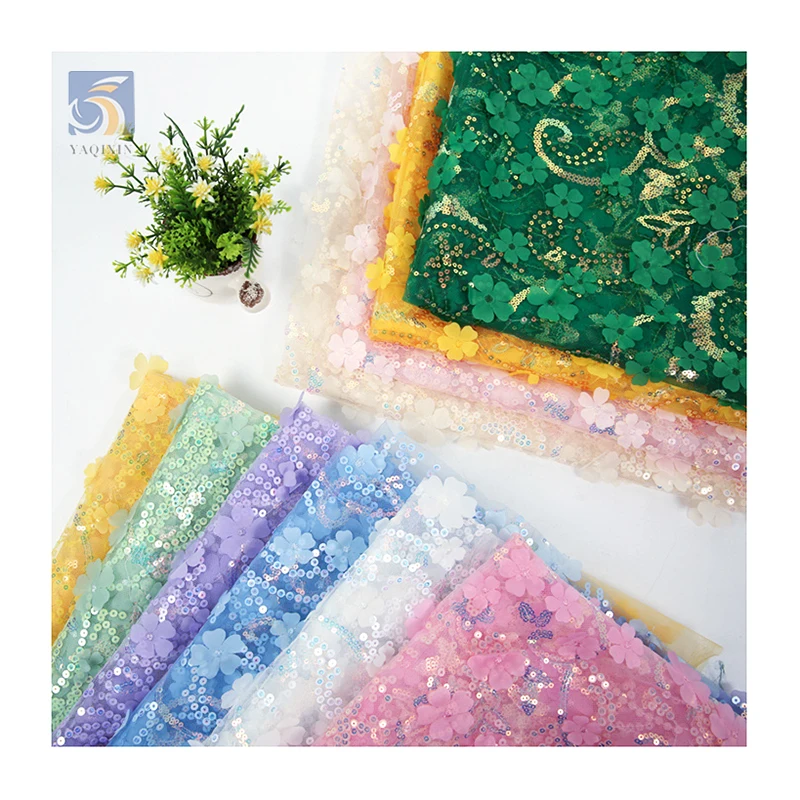 YX2730 2025 Latest Fashion Design Tulle Lace for Bridal Laser Embroidered 3D Flower Lace Fabric With Sequins - 图片 3