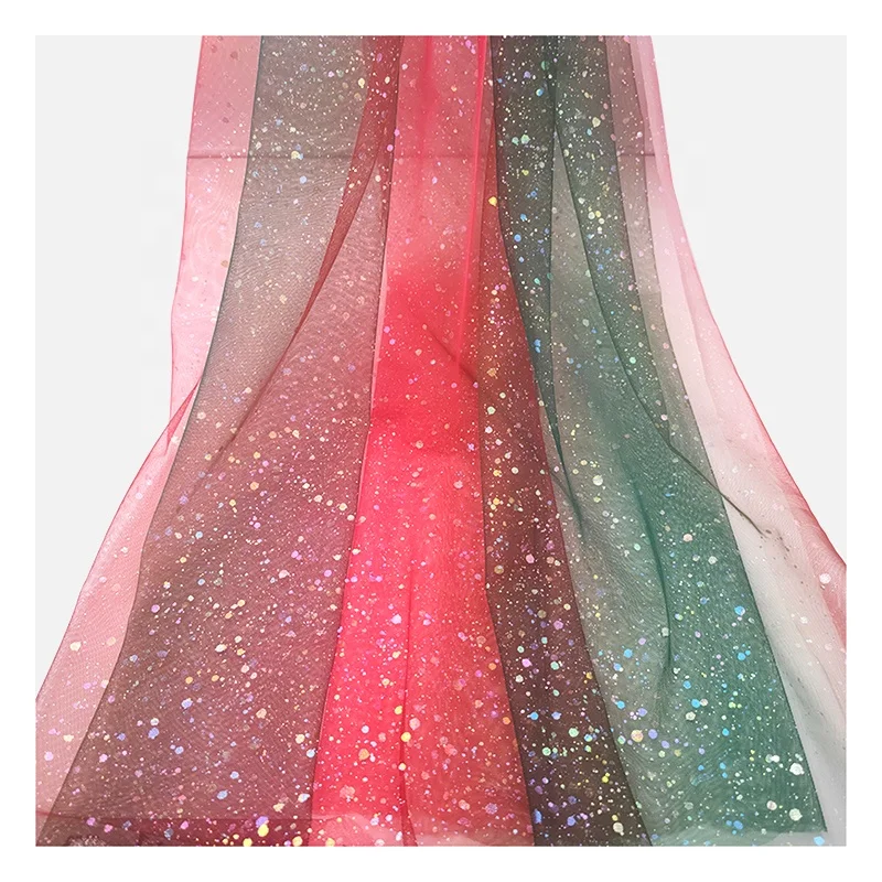 YX2003 2025 Fancy 100% Polyester Christmas Digital Print Tulle Evening Dress Fabric Rainbow Red Green Glitter Mesh Fabric - 图片 4