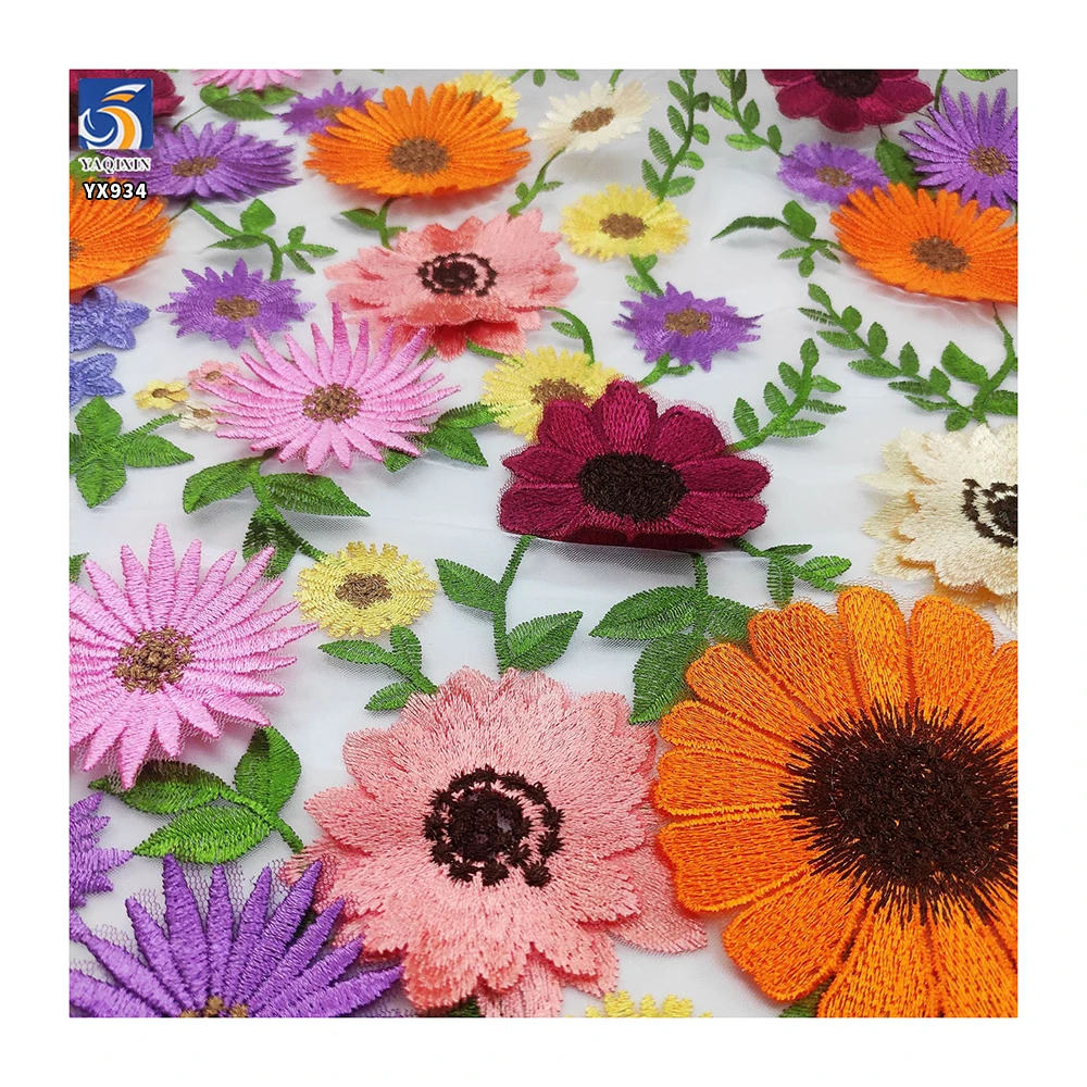 YX934 2026 Three-Dimensional Yarn-Dyed Chrysanthemum Embroidery Fabric Colorful Big Flowers Tulle Mesh 3D Embroidery Fabric - 图片 2