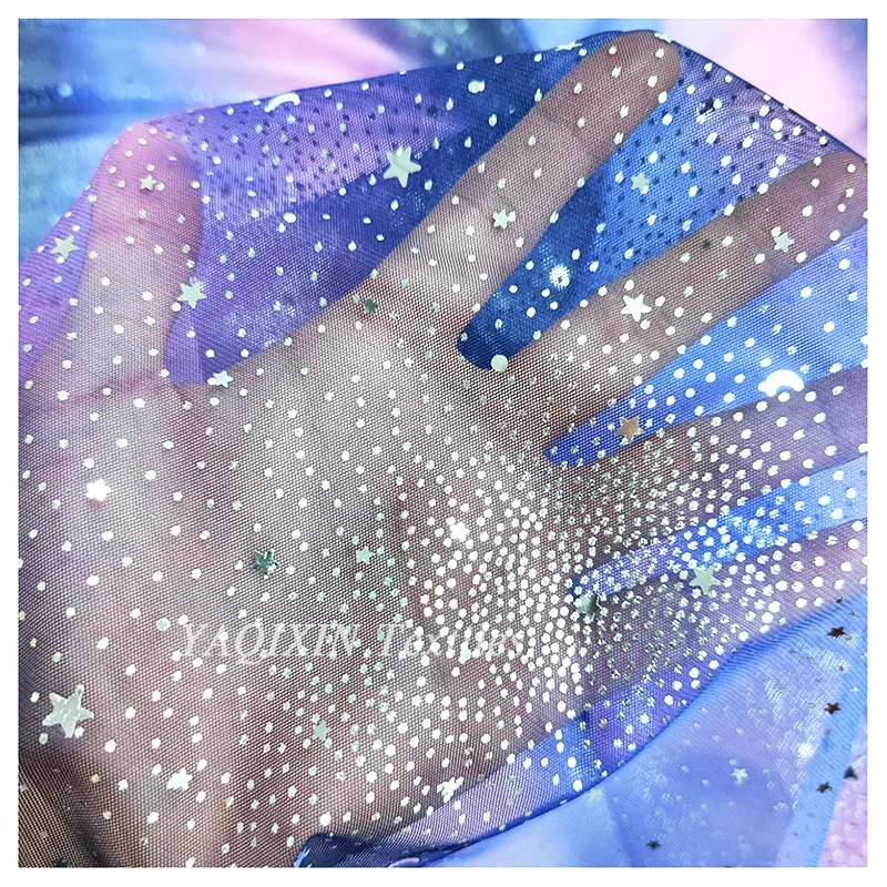 YX2118 Blue Pink Black Three-Color Ombre Tulle Fabric Wedding Dress Iridescent Sequins Dot Star Mesh Tulle Lace Fabric - 图片 4