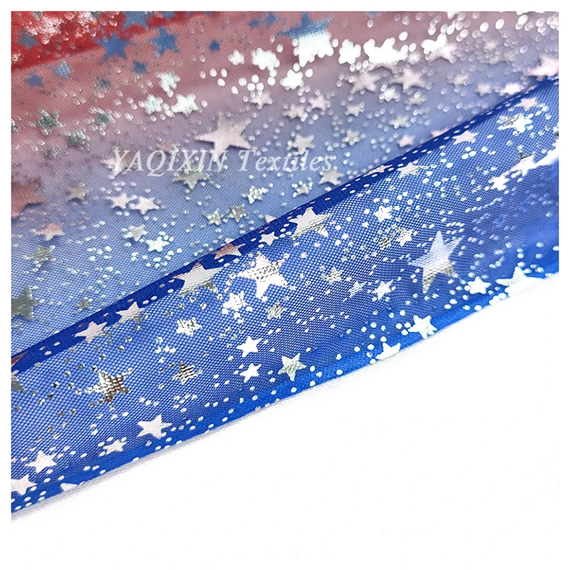 YX2117 American Independence Day Design Fabric Polyester Gradient Rainbow Digital Print Shiny Galaxy Star Tulle Mesh Fabric - 图片 5