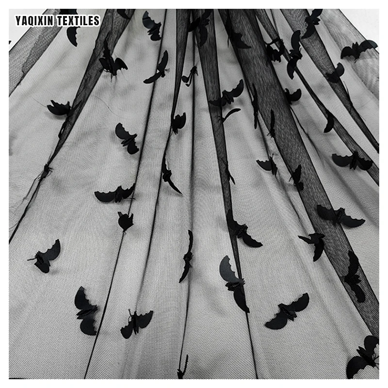 YX2263-1 Accept OEM&ODM Customized Design Halloween Fabric 3D Black Bat Embroidery Tulle Fabric for Children Clothing - 图片 3