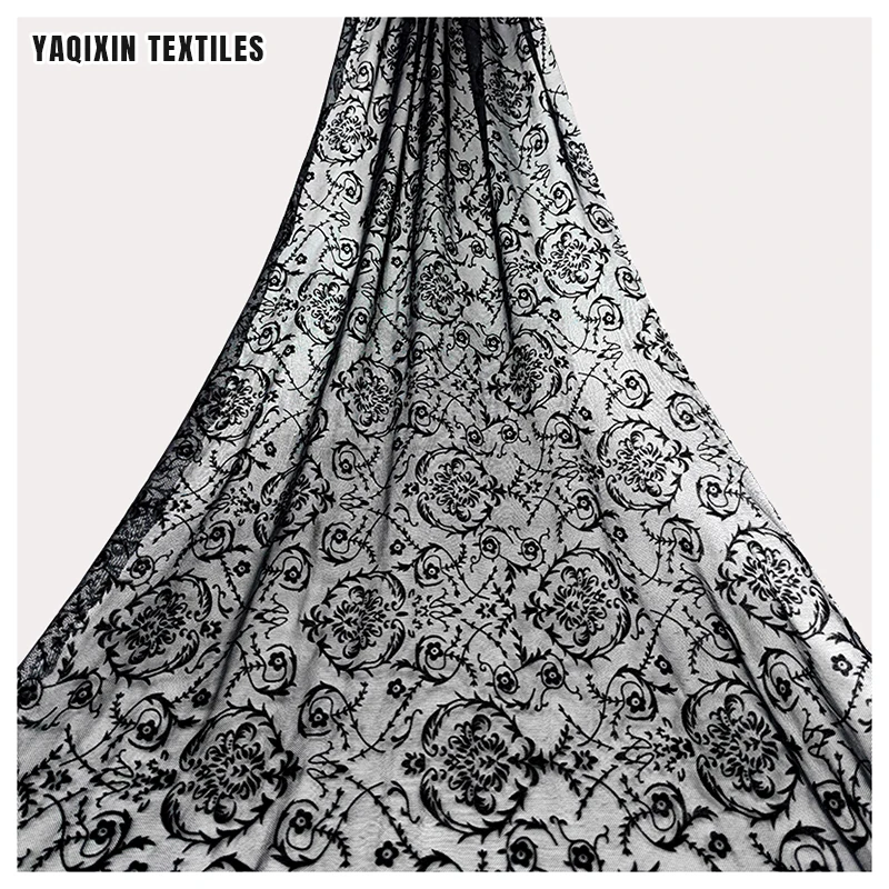 Designer New Custom 4 Way Stretch Clothing 95 Polyester 5 Spandex Flocked Mesh Fabric in Black - 图片 3