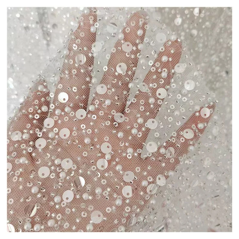 Crystal Sequins Bridal Luxury Embroidery Beads Wedding Tulle White Beaded Lace Fabric - 图片 3