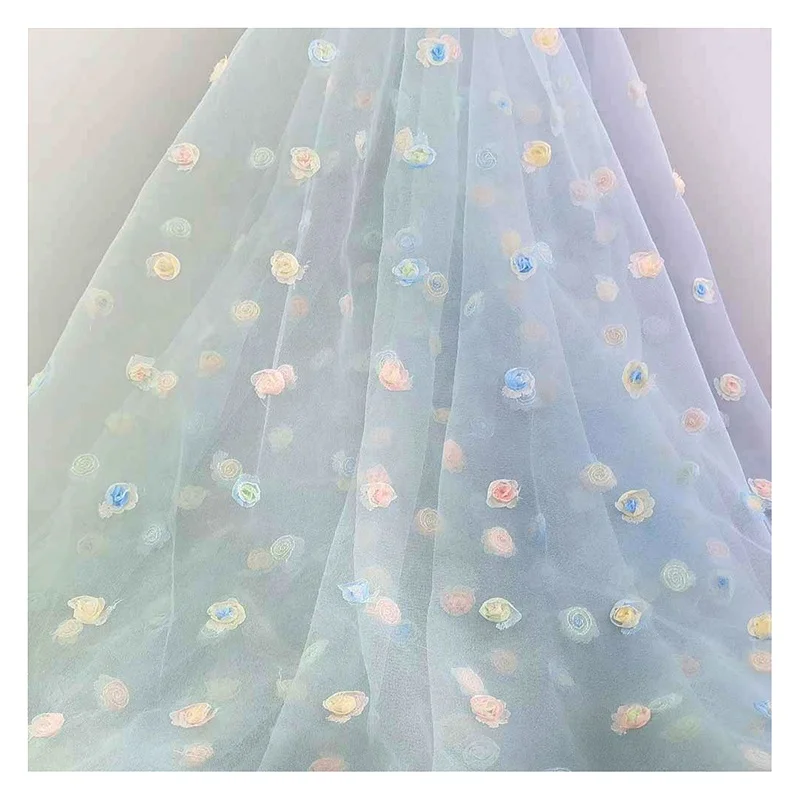 TDS005 Factory Wholesale 3D Small Rose Floral Embroidered Tulle Mesh Fabric Lace Kids Skirt Fabric - 图片 3