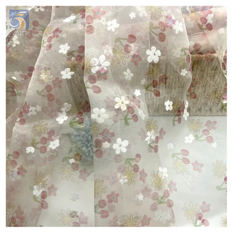 Stock Yards Soft 100% Nylon Organza Fabric Flocking Floral Flower Pattern Organza Fabric for Dress Christmas - 图片 4