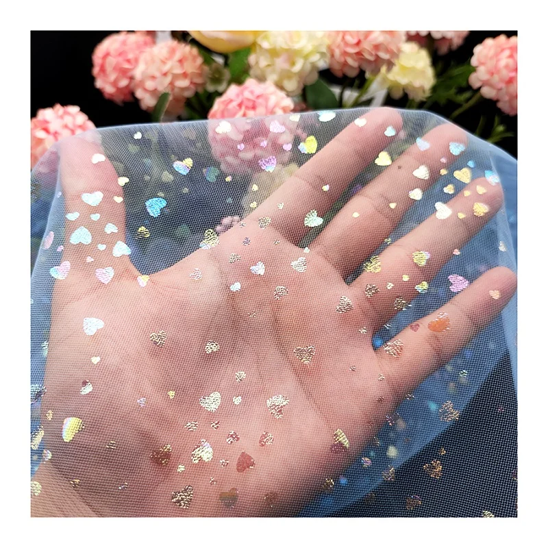 KT13 100% Polyester Solid Blue Tulle Fabric with Heart Color Foil Print Tulle Mesh Fabric for Clothing - 图片 5