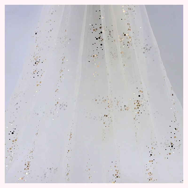 CP11 Shiny Glitter Silver Foil Dots Print Tulle Silver Glitter Sequins Mesh Tulle Fabric for Weeding - 图片 4