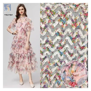 YX278 New Design China 100% Polyester Colorful Digital Printed Mesh Embroidery Pleated Ruffle Tulle Fabric for Tutu