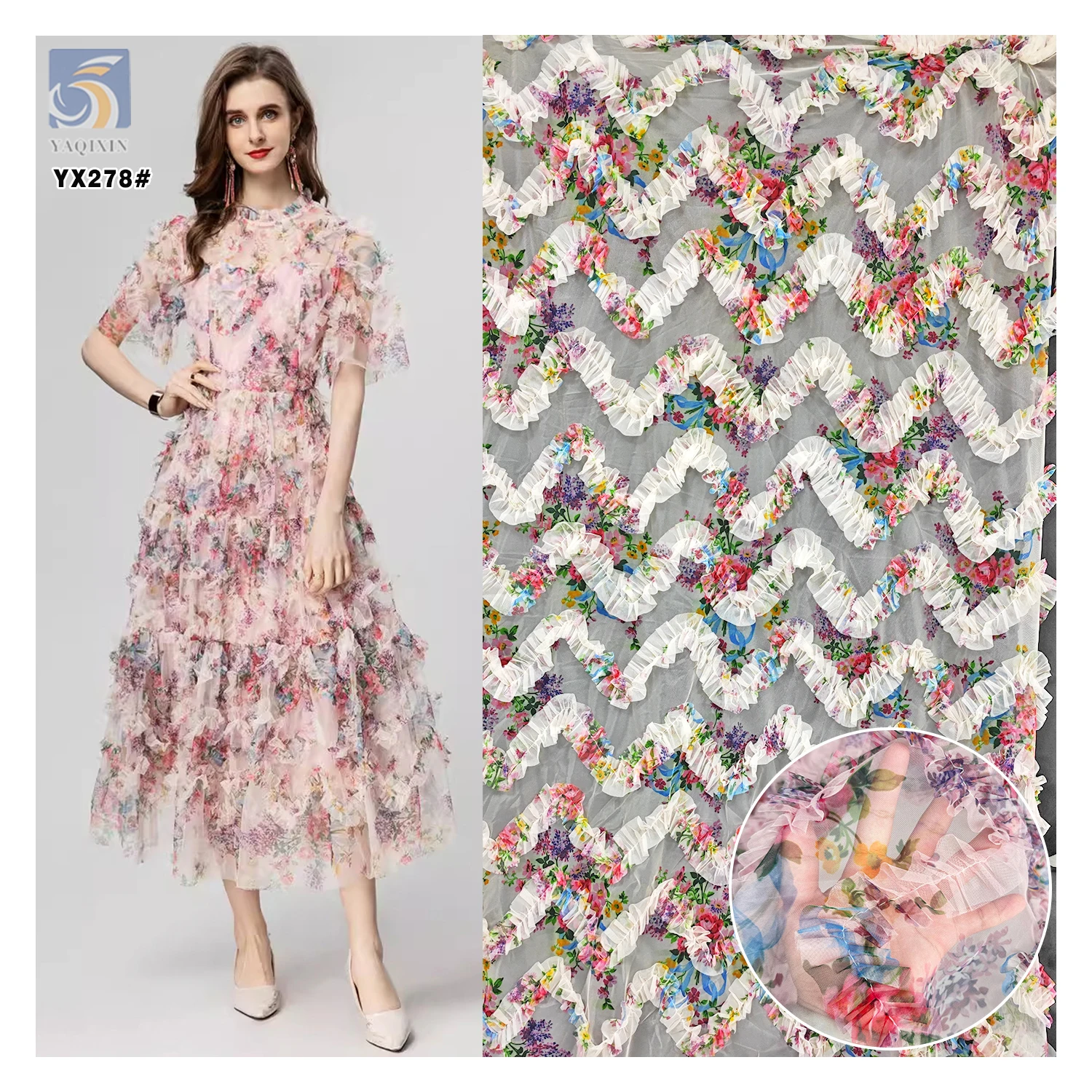 YX278 New Design China 100% Polyester Colorful Digital Printed Mesh Embroidery Pleated Ruffle Tulle Fabric for Tutu