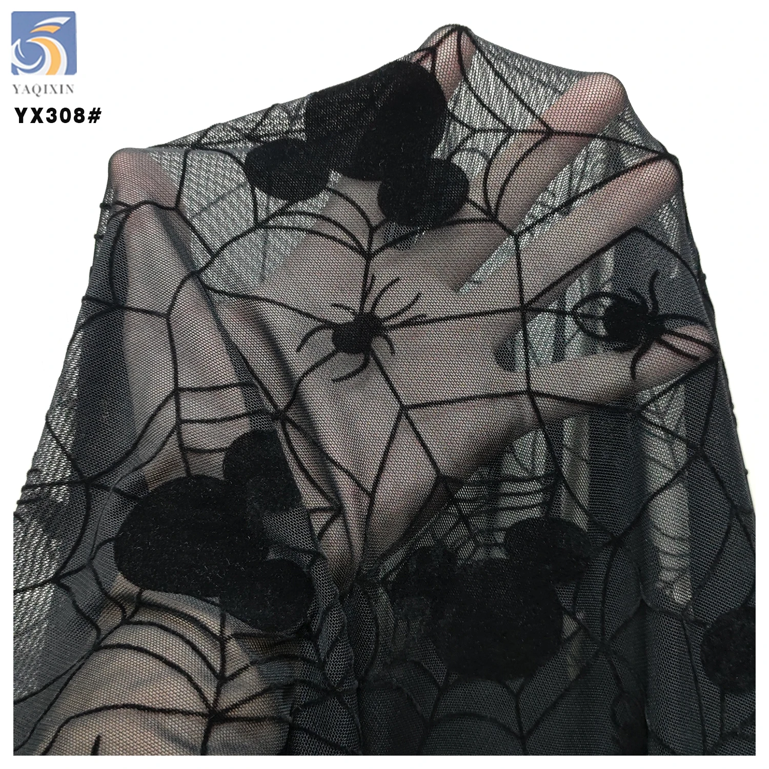 YX308 2025 Cartoon American Spider Web Mouse Pattern Tulle Fabric Soft Flocked Stretch Mesh Pure Black Fabric - 图片 5