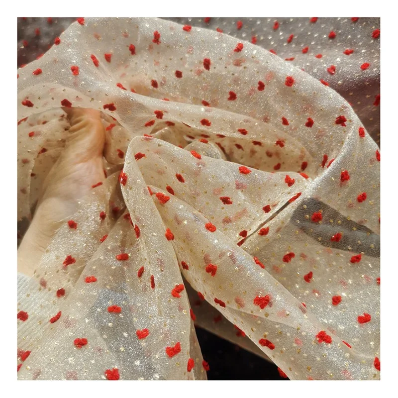 YS-13 Red Wine Swiss Dot Jacquard Bubble Seersucker Organza Fabric With Golden Sparkle Design Prom Dress Fabric - 图片 3