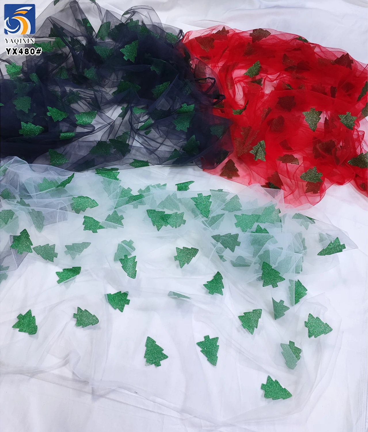 YX480-1 Christmas Tulle Fabric With Green Christmas Tree Glitter Pattern for Children's Dresses or Parent-child Fabrics - 图片 3