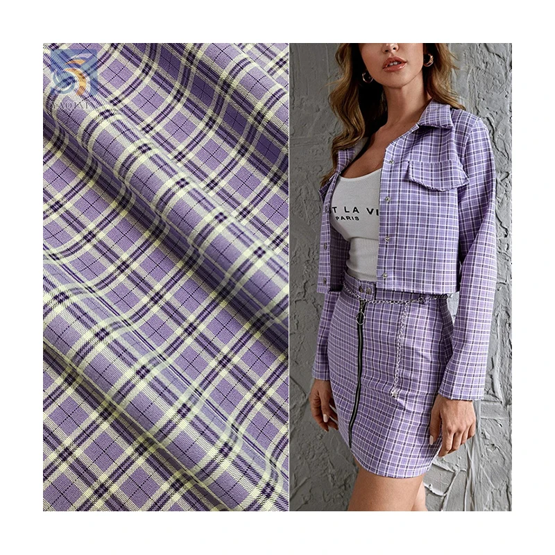 KL506 2025 New Arrival Purple Small Checkered Fabric Elastic Yarn Dyed Plaid Casual Suit Fabric