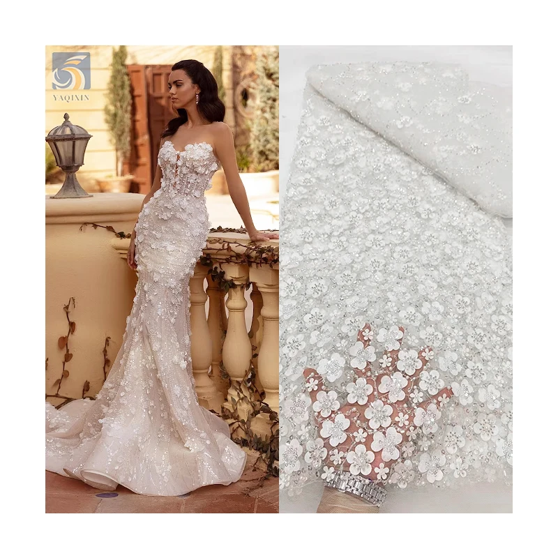 Wholesale Custom 3D Plum Blossom Floral Embroidery Sequin Lace Fabric French Beaded Embroidery Bridal Dress Fabric - 图片 3