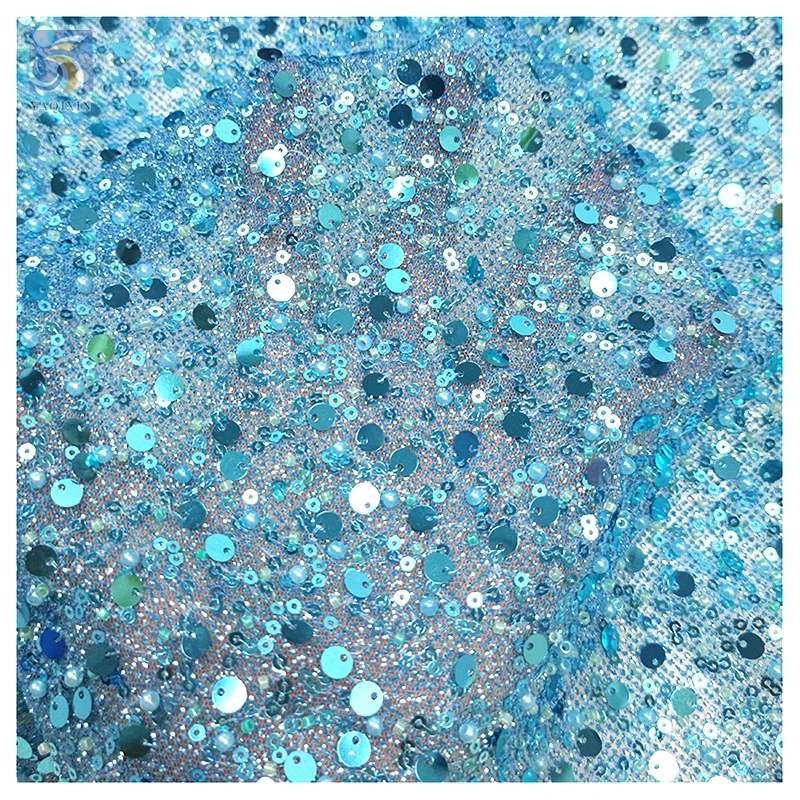 Royal Blue Sparke Glitter Sequins Lace Fabric Mesh Embroidery Beaded Pearl Lace Fabric for Wedding Gown - 图片 5