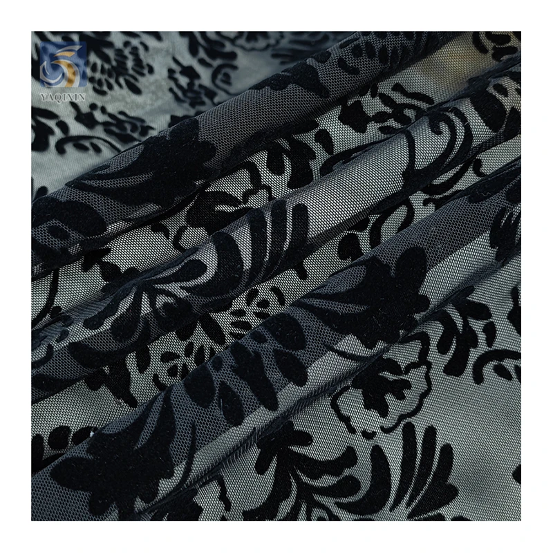 2024 Sexy Lingerie Custom Black Flocking Pattern Mesh Fabric 4-Way Stretch Power Mesh Fabric with Flocked - 图片 5