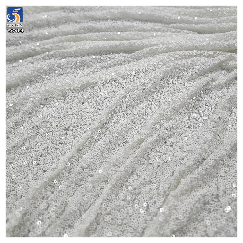 YX791-1 Full of 3mm Sequins Bright White Porcelain White Fabrics Stretch Sequin Fabric for Wedding Women's Dresses - 图片 6