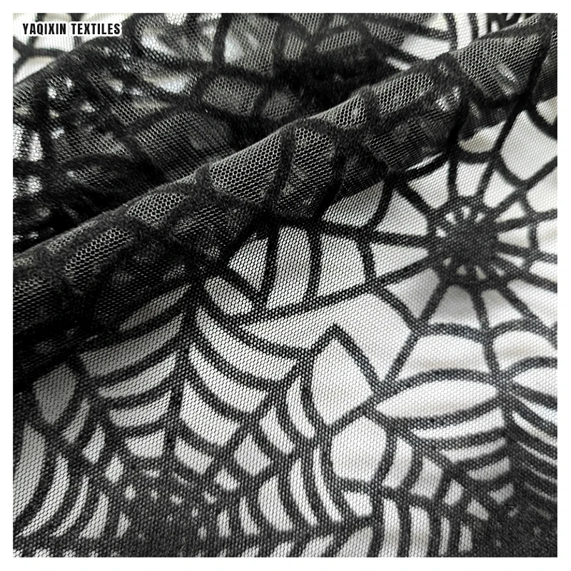 Wholesale 3D Velvet Spider Web Tulle Fabric - Black Embossed Flocked Halloween Costume Material (Custom Width) - 图片 6