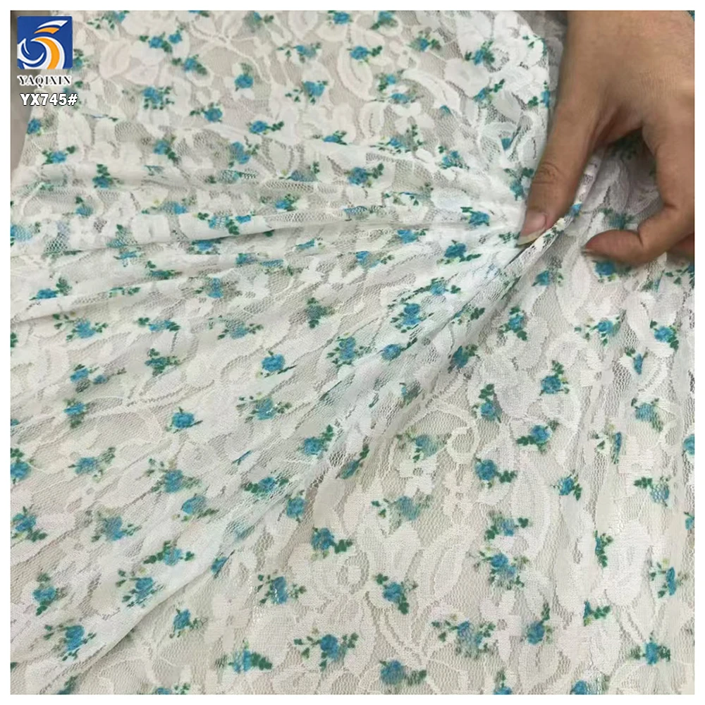 YX745 High Quality Good Quality Blue and White Floral-Print Spandex Stretch Chantilly Lace Mesh Fabric for Dress/Skirts - 图片 5