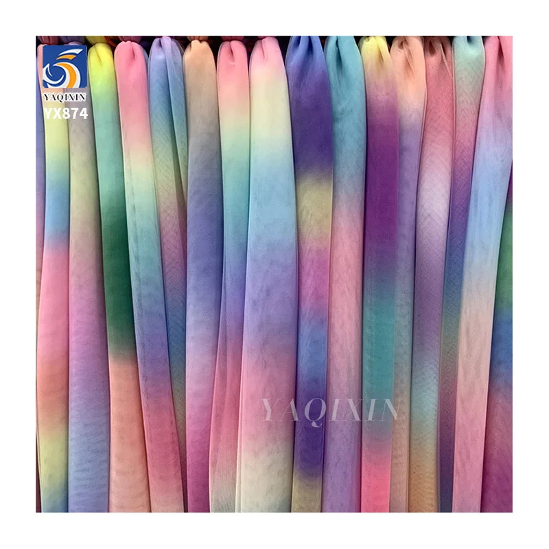 YX874 Girl's Skirt Polyester Gradient Digital Printing Rainbow Tulle Fabrics With 3mm Embroidery Sequins Knitted Mesh Fabric - 图片 3