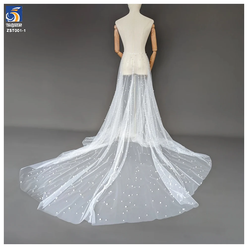High Quality Handmade Pearl Beaded Lace Mesh Fabric White Polyester 3D Pearls Mesh Tulle Fabric With Beads - 图片 5