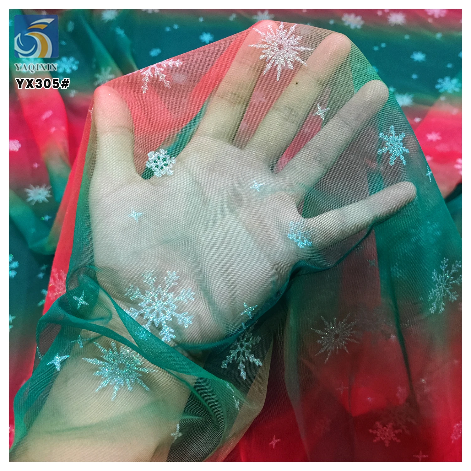 YX305 Customized 30D Tulle Printed Fabric With Red and Green Christmas Snowflake Pattern Fabric for Princess Dress - 图片 5