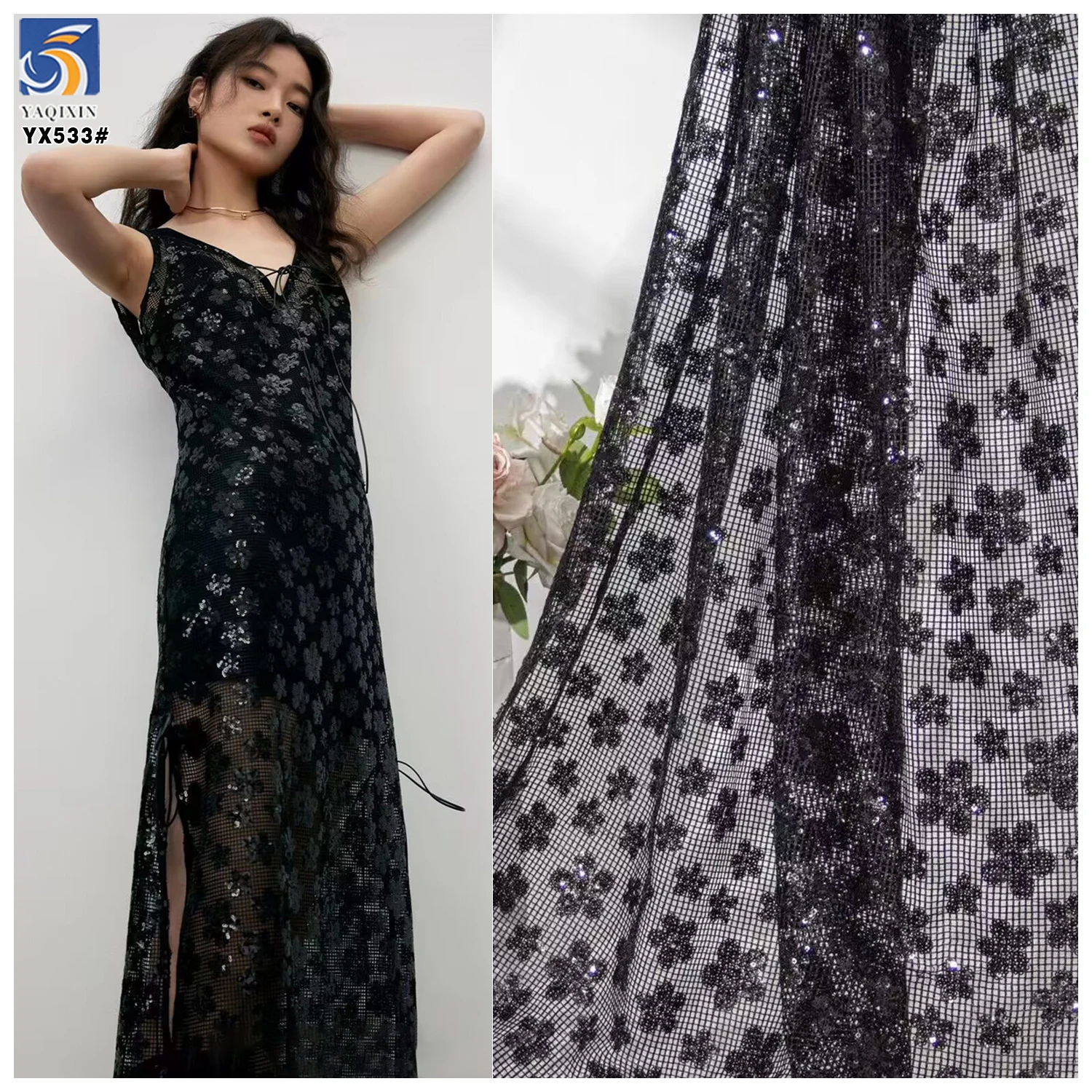 YX533 Black Sequin Lace Fabric Checkered Net Mesh Floral Design Sequined Lace Fabric for Dresses