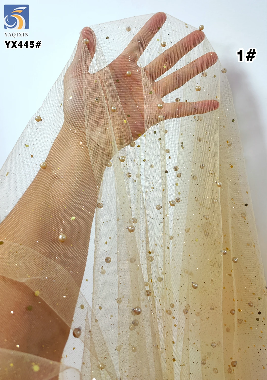YX445 American Custom Polyester Mesh Fabric Hard Tulle With 3D Pearls and Sequins for Headdress Dress Fabric - 图片 4
