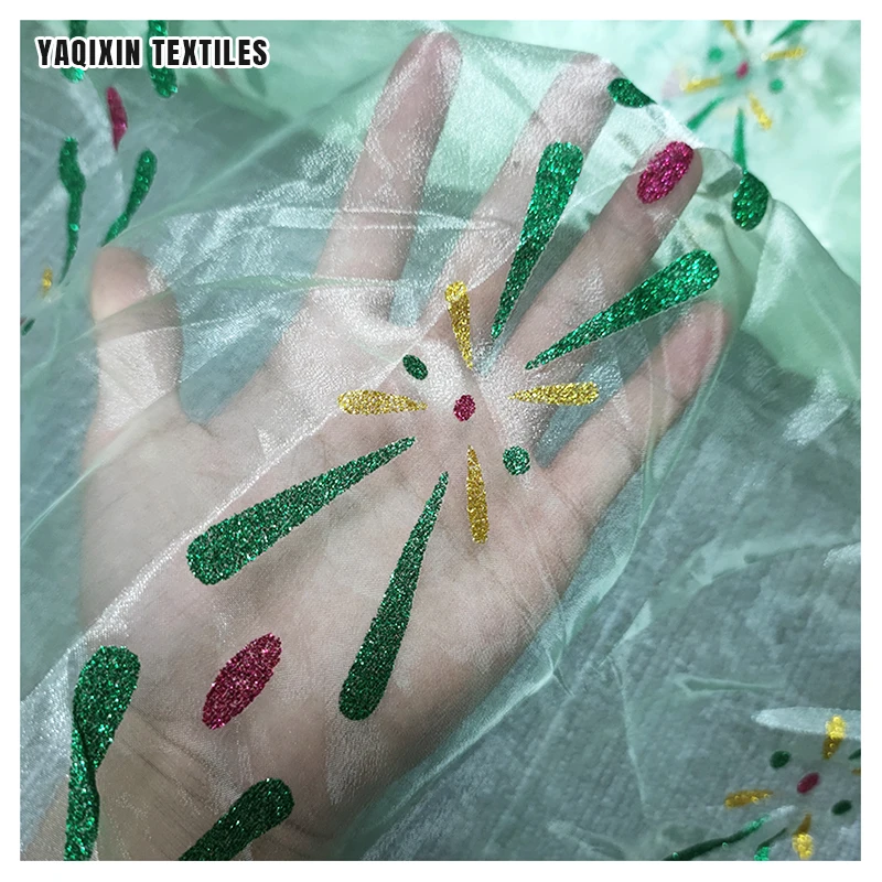 YX2241 Green Polyester Transparent Glitter Organza Fabric Custom Princess Anna Dress Baby Girl Clothing Skirts Fabric - 图片 5