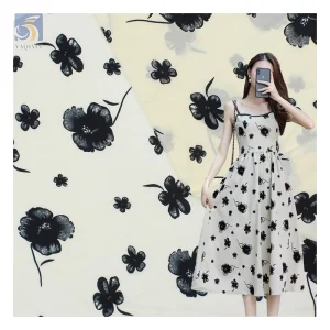 Valentine's Day Design New Arrival Sheer Organza Fabric with Black Flocked Floral Pattern Organza for Ladies