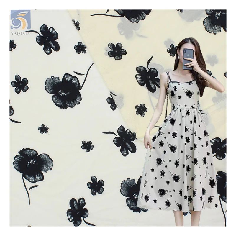 Valentine's Day Design New Arrival Sheer Organza Fabric with Black Flocked Floral Pattern Organza for Ladies